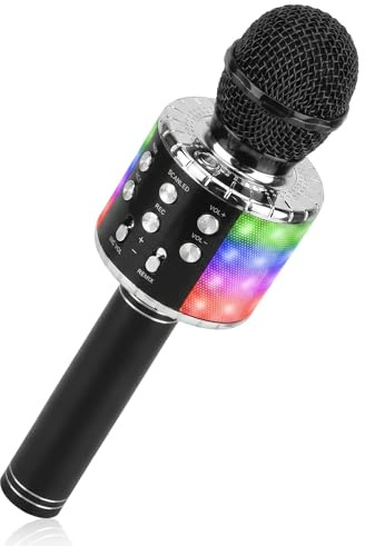 ShinePick Microfono Inalámbrico Karaoke, Micrófono Karaoke Bluetooth Portátil con Altavoz y LED para Niños Canta Partido Musica, Compatible con Android/iOS PC, AUX o Teléfono Inteligente(Negro)