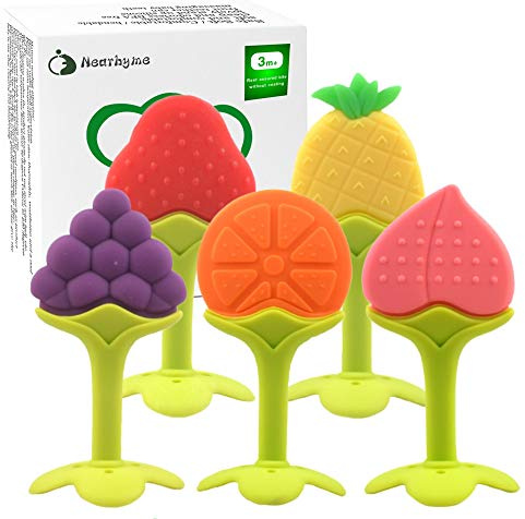 Baby Teething Toys, Soft Silicone Fruit Teether Set with Pacifier Clip/Holder for Toddlers & Infants, 5 Pack
