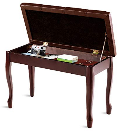 COSTWAY Banquette Piano 2 Places en Bois, avec Pieds Curvés, Coussin Rayé Rembourré en Cuir PU et Compartiment de Rangement, 75x35x49CM, Charge Max 150KG, pour Usage Professionnel/Privé (Marron)