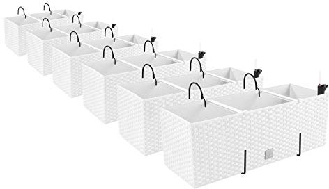 PAFEN 6X Blumenkasten Blumentopf Rattan-Optik mit Halterungen Pflanztopf Wasserstandsanzeiger Balkonkasten Pflanzkästen Weiß