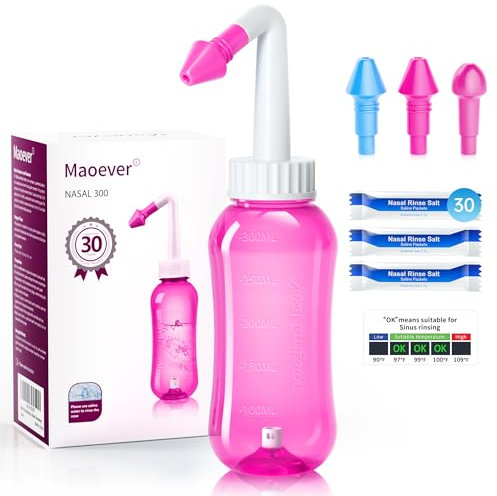 Kit de lavado nasal, botella de enjuague nasal para limpiar e irrigar la nariz, libre de BPA, 300 ml, con 30 paquetes de sal de lavado nasal y termómetro adhesivo (rosa)