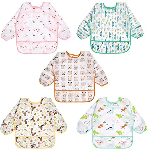 Vicloon Bibs with Sleeves, 5Pcs Long Sleeve Waterproof Bibs, Unisex Feeding Bib with Large Pocket, Bib Apron Lovely Cute Cartoon Bibes for Infant Toddler 6 Months to 24 Months