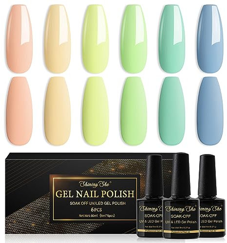 Shining She Gel Nail Polish Set, 6 Colours Cyan Green Blue Coral Pastel Nail Polish Set Soak-Off UV/LED Manicure for Women Nail Art Salon DIY Home, 8ML