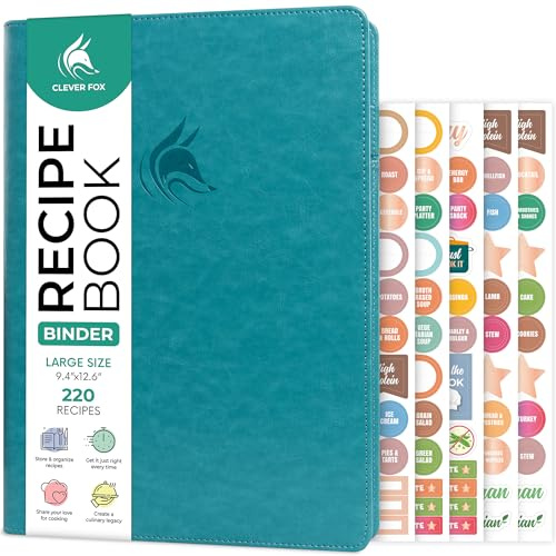 Clever Fox Raccoglitore per ricette con linguette, organizer ad anelli con pagine bianche per scrivere le tue ricette, libro di cucina di famiglia personalizzato, 220 ricette, 23,9 x 32 cm (turchese)