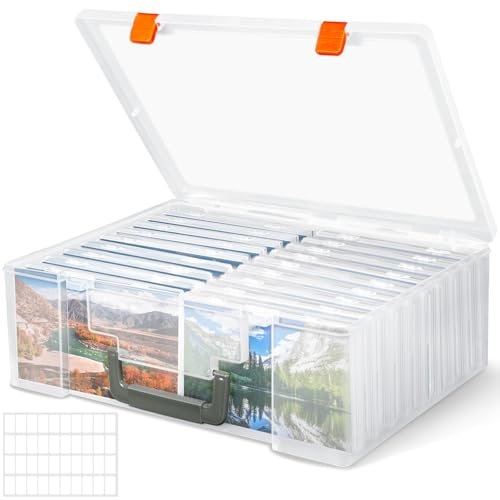 ZPQAODI Foto Aufbewahrungsbox,36.3x26.7x12cm Fotobox,18 innere Fotohalter,Transparente Fotoboxen zur Aufbewahrung, mit Aufklebern, Kunststoff-Foto-Organizer für Samen, Bastelkarten, Bürobedarf