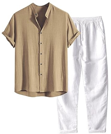 Generico Completo Estivo da Uomo 2 Pezzi Casual per Spiaggia Tuta Completa in Cotone e Lino Maglietta + Pantaloni con Coulisse Set Uomini