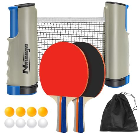 Naissgo Table Tennis Set, Professional Table Tennis Bat Set, Quick Setup Net, 2 Table Tennis Bats,1 Retractable Net, 8 Ping-Pong Balls,1 Mesh Bag, Great Gift Idea for Indoor/Outdoor Games