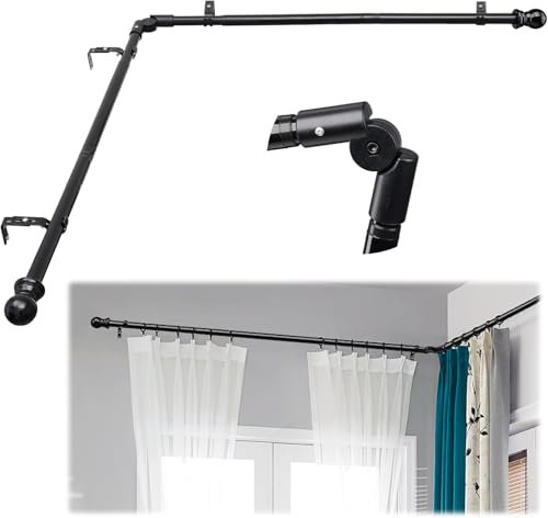 Bay Window Curtain Poles, Corner Curtain Rods for Windows 76-345 cm, 2.5 cm Diameter Heavy Duty Curtain Rods for Bedroom, Living Room, Adjustable Renter Friendly Curtain Poles, Black