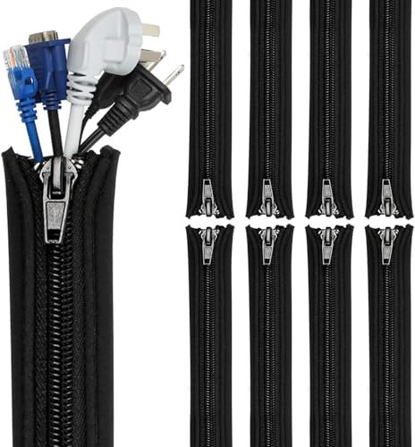 Teskyer 8 Pack Cable Tidy Sleeve, Cable Sleeve with Zipper, Cable Management Sleeves for TV, Computer, Office, 20/50cm Per Sleeve