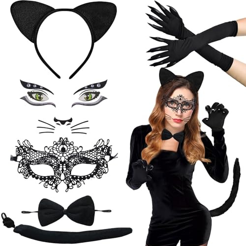 KIKVTER Gatto Cosplay Set, 6 Pezzi Costume Gatto, Costume da Gatto, Costume Carnevale Gatto, Orecchie da Gatto Lungo Coda Cravatta a Farfalla, Carnevale Cosplay Costume da Animale per Bambini