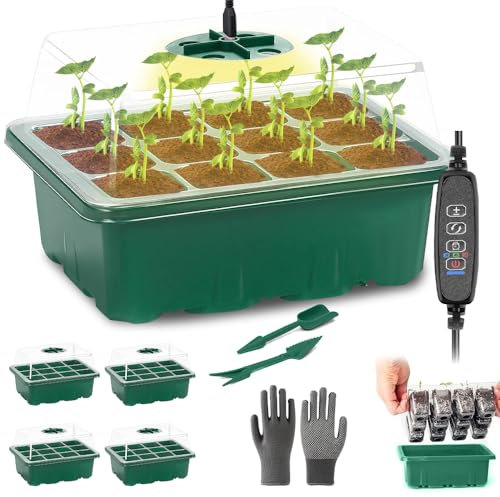 XPJBKC 5 Stück Mini Gewächshaus Anzuchtset, Zimmergewächshaus Anzuchtkasten mit Licht, Erhöhten Deckel, Einstellbarem Helligkeits Timer, Werkzeuge, Anzuchtschalen Anzuchtbox Klein für Zimmer Indoor