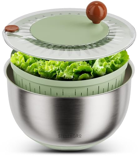 Stainless Steel Salad Spinner Large - Fruit and Vegetable Wash Bowl with Strainer - Lettuce Spinner, Fruit Cleaner, Collapsible Salad Dryer 5.3 Quart Capacity