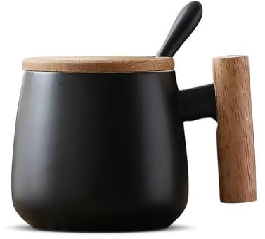 BALTHŌ - Juego de Tazas desayuno cerámica Té y Café (350ml) (2 Unid). Grandes, tapa y asa de madera, estilo nórdico (Negro). (350ml). Con cuchara. Café con leche, Latte, Macchiato. Tazas regalo