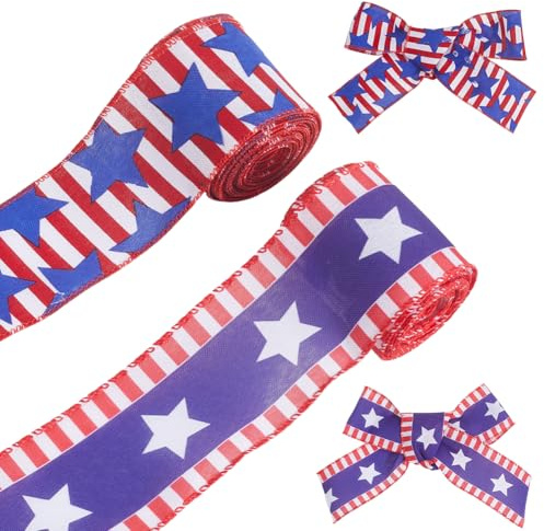 CABODYALS 2 rullar 2 stil 60 mm rött vitt blått band patriotiskt stjärnmönster tryck randig USA självständighet minnesdag 4 juli tygband bulk för sömnad tillverkning hantverk fest krans dekor