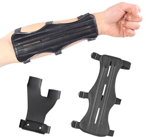 Fhioevt Armschutz Bogenschießen Leder Unterarmschutz Bogenschießen Verstellbare mit Fingertab Handschuh für Bogenschützen Jugendliche Erwachsenefür Jagd und Zielschießen Zubehör (Schwarz)