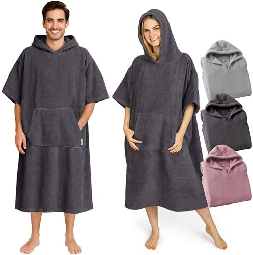 CalmyBEACH Frottee Badeponcho Damen Herren - Strandponcho 100% Baumwolle Surf Poncho Erwachsene Handtuch Kapuze Bade Surfponcho Bademantel (Anthrazit, S/M)
