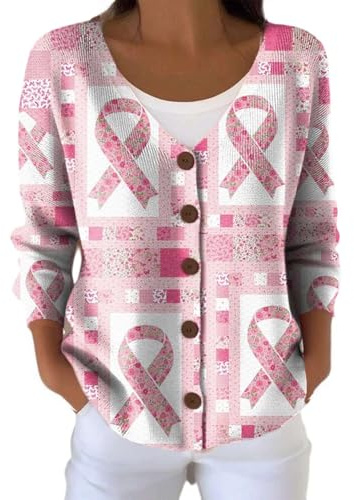 Pull Femme Chic et Elegant Sweater Hiver Cardigan Ruban Rose Cancer du Sein Sweats Gilets Manche Longue Pulls Cachemire en Tricot Leger Grande Taille Sweatshirts Bouton Ouvert Blouson Manteau