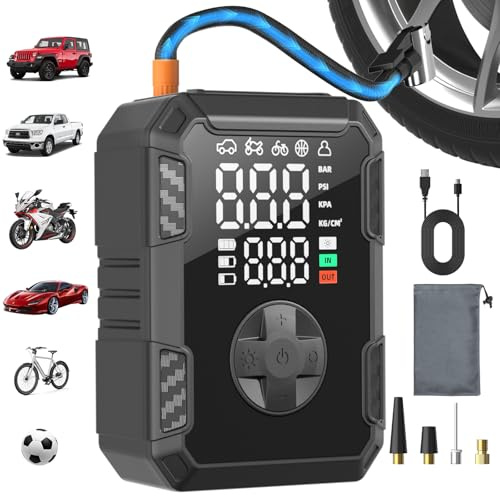 Oasser Mini Compressore Aria Portatile,Schermo LCD Doppio 150PSI (10,3Bar) Gonfia Ruote Cilindro 19mm con Torcia LED Type-C USB Ricaricabile, Dotato di Tubo Flessibile da 30 cm e Borsa di Stoccaggio