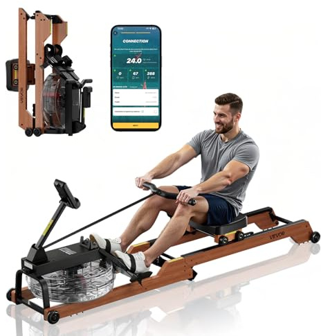 VEVOR Máquina de Remo, con 6 Niveles de Resistencia Silenciosa, Plegable, de Madera, con Tanque de Agua de 14 L y Pantalla LCD, Compatible con Aplicación Bluetooth, Capacidad de Peso de 158 kg