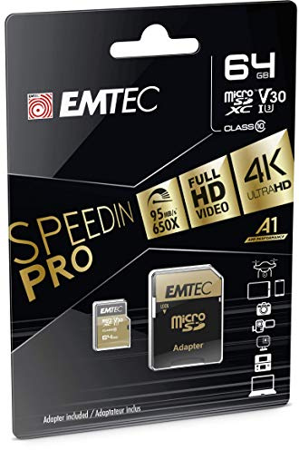 EMTEC ECMSDM64GXC10SP Micro SD Card Speedin Range UHS-I U3 with Ultra High Performance Adapter Reading Speed up to 95MB/s 64GB