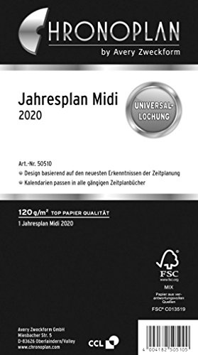 Chronoplan 50500 - Inserto calendario 2020 (piano annuale Midi (96 x 172 mm), calendario, punzonatura universale per apertura (con leporello pieghevole)) bianco