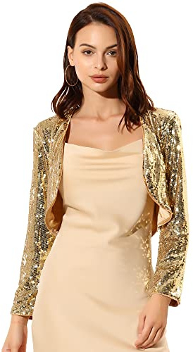 Allegra K Disfraz de Halloween Chaqueta De Lentejuelas Para Mujer Manga Larga Cárdigan Recortado Con Frente Abierto Bolero Shrug oro L