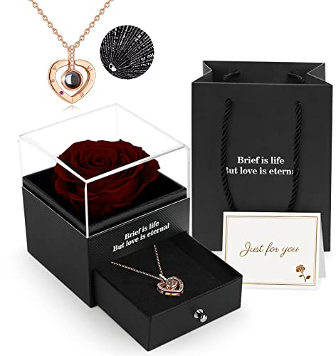 ADAZ Preserved Real Rose Gift Box with I Love You Necklace, Handmade Eternal Rose Flower Valentines Gifts for Her Girlfriend Women Wife Mum Mother on Valentines Day, Birthday, Anniversary, Christmas