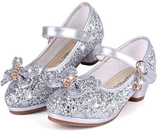 KUWIBY Girls Princess High Heel Sandals,Bowknot Sequin Dress Shoes | Glitter bling,comfy insole,multi colors available;great for wedding,birthday,party,cosplay & formal dress-up occasions