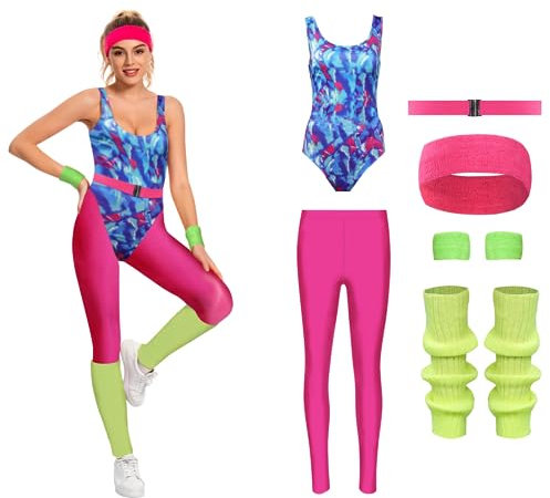 COREWO 80er-Jahre-Trainingskostüme für Damen, Aerobic-Kostüm, Gymnastikanzug, Yogahose, Gürtel, Outfit, 6-teilig, Rot/Ausflug, einfarbig (Getaway Solids), M