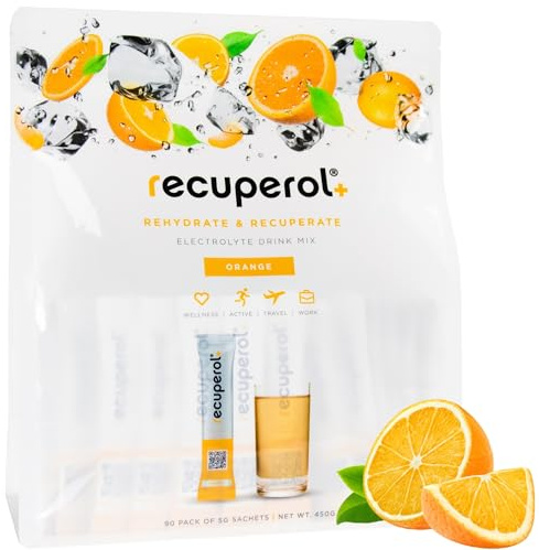 Recuperol Electrolytes Sachets - Rehydration Electrolytes Powder with Zinc, Vitamin C, B12, D3 & Potassium for Hydration - Sugar Free, Vegan & Low Calorie - Orange 90 Pack