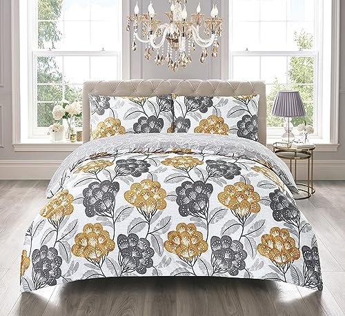 PRIME LINENS Duvet Cover Set 4 Pcs Brushed Microfibre Quilt Cover Bedding Set With Pillow Cases and Extra Fitted Sheet Included (Bloom Ochre, Super King)