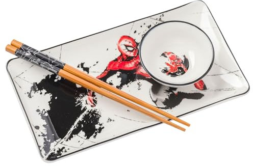 Silver Buffalo Marvel Avengers Spider-Man Ceramic Sushi Set with Dipping Sauce Dish and Matching Chopsticks