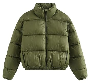 Sukany Women's Casual Zip Up Puffer Jacket Loose Stylish Stand Collar Long Sleeved Short Padded Down Jacket Coats (Army Green,S)