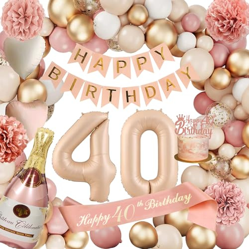 Dekoration 40-årsdag kvinnor, födelsedagsdekoration 40, siffror luftballong 40-årsdag, 40 retro rosa ballonggirlang med girlang, champagneballong, silkespapper pomponger för kvinnor festdekoration