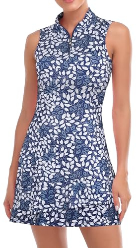 Viracy Tennis Dress for Women Workout Dresses Athletic Dress with Built in Shorts, Pockets Sleeveless Golf Dresses Zip Up Stand Collar Lightweight Ruffle Hem, Blue Leaves, S