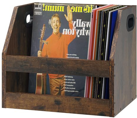 YMYNY Holz Record Aufbewahrungshalter, Vinyl Album Box Kiste mit Griff, Buch Regal Desktop Organizer Trapezoid LP Record für Ordner, Bücher, Fotoalben, Rustikal Braun, 38×29×29CM HCD001H