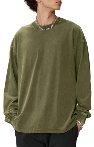 Mens Oversized T Shirts Long Sleeve Shirts for Men Vintage Acid Wash T-Shirts Comfort Colors Crewneck Sweatshirt(AG L) Army Green