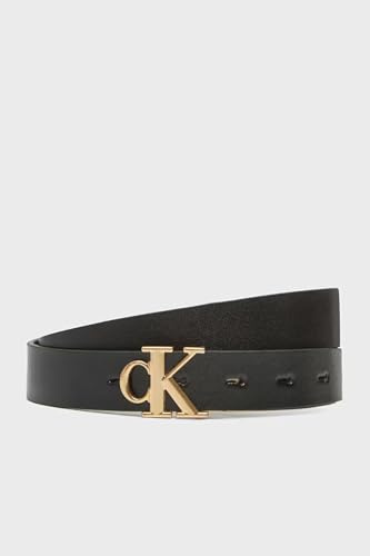 Calvin Klein Donna Cintura Monogram Plaque Buckle 2,5 cm Reversibile, (Black/Ck Light Gold), 105 cm