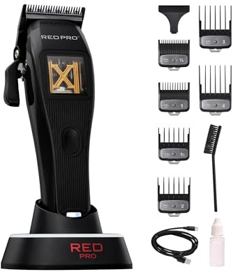 RED Pro X-King Cordless Hair Clipper for Men Hair Cutting, Strong & Fast Vector Motor, DLC Diamond Like Carbon Coated Blade, Rechargeable USB-C Charging Cradle, 6 Guards (Black)