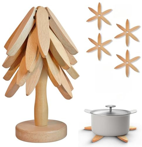 Salvamanteles de madera para platos calientes, 4 posavasos de árbol de madera con soporte, juego de salvamanteles en forma de árbol para ollas calientes, platos, sartenes, cuencos, café, tetera