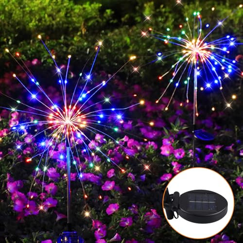 Luci solari per fuochi d'artificio per esterni, 2 x 200 LED, 8 modalità, luce bianca calda, fuochi d'artificio a LED, per esterni, giardino, multicolore, resistente alle intemperie, fai da te, per