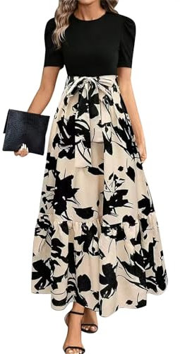 Sommerkleid Damen Elegant Tunika Kleider Kurzarm Rundhals Maxikleid A-Linie Blumenkleid Casual Strandkleid Hohe Taille Wickelkleid mit Taschen Beige XL