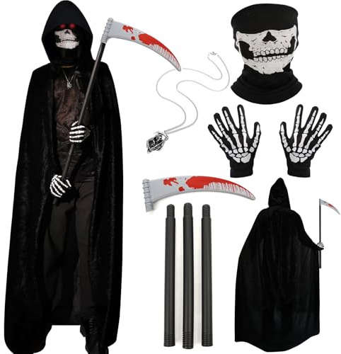 FEILOREVA Halloween Costumes for Men & Women, Scary Grim Reaper Adult Costume with Hooded Cloak, Skeleton Mask, Gloves, and Scythe - Perfect Halloween Outfit for Adults