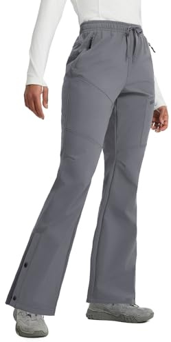 BALEAF - Pantaloni da sci da donna foderati in pile, termici, impermeabili, in softshell, a campana, con cerniera, per escursionismo e camminate, con tasche, Grigio, S