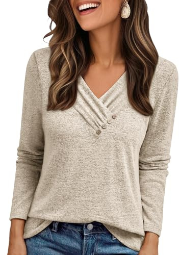Cuptacc Pulls Femme Col V Ample Grandes Tailles Thermique Confort Pull Femme Halloween Unicolore Chic Et Élégant avec Bouton Tunique Kaki M