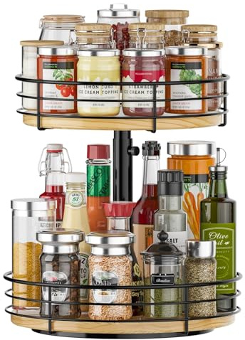 Lazy Susan Spice Rack Organizer Turntable Height Adjustable, 12 Inch Wood Lazy Susan 2 Tier, Rotating Spice Rack Organizer for Cabinet Dining Table Top Kitchen Bathroom Countertop Black