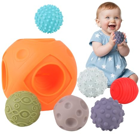 NAUDREVEL Pelotas Bebé Sensoriales Montessori 2 en 1, Set de 6 Pelotas con Texturas y Bola Contenedora, Mordedor Bebé Silicona sin BPA, Juguete 6-12 Meses