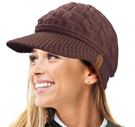 TOSKATOK Ladies Peaked Cable Knit Warm R80 Teddy Fleece Lined Beanie Winter Hat Cap-Chocolate