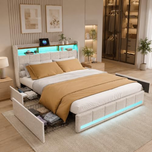 PerGar polstrad säng 180x200 med förvaringsutrymme, USB, LED – beige, linneöverdrag