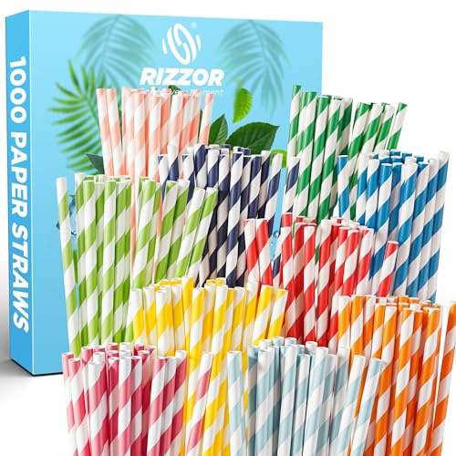 1000 cannucce di carta colorate, 100% biodegradabili ed ecologiche, alternative alle cannucce di plastica, robuste, non sporche ideali per cocktail, latte, eventi e feste.